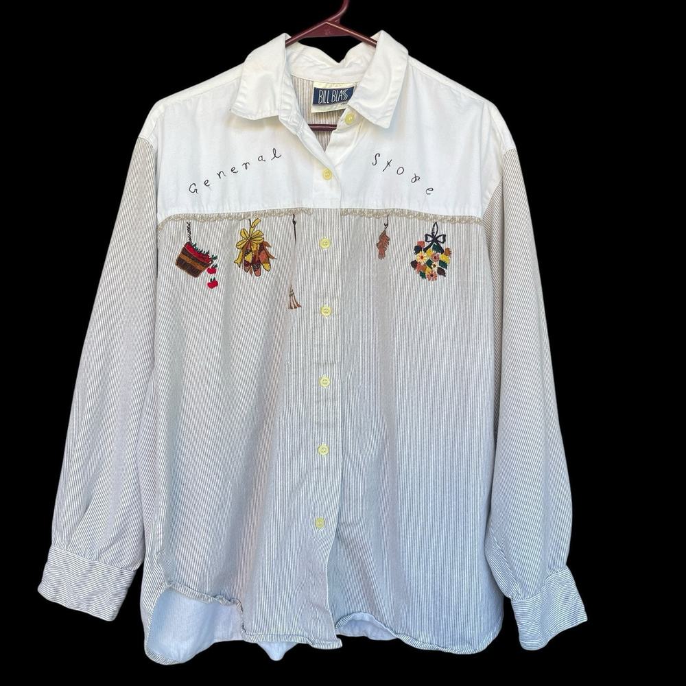 Vintage Bill Blass Womens Button Up Shirt Large Cotton Brown Striped Embroidered